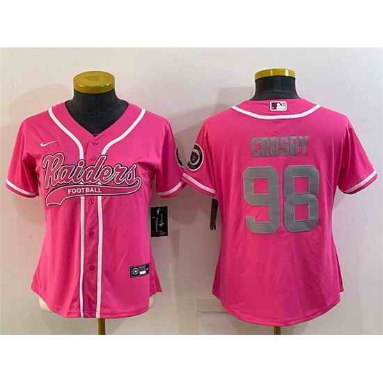 Women Las Vegas Raiders 98 Maxx Crosby Pink Silver With Patch Cool Base Stitched